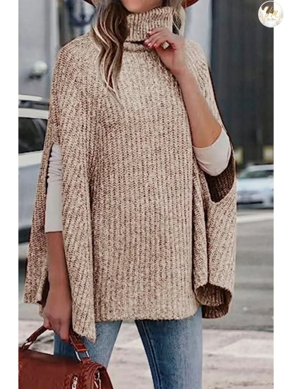 Chunky Knit Turtleneck Poncho Sweater for Women, Winter Cape, High Neck
